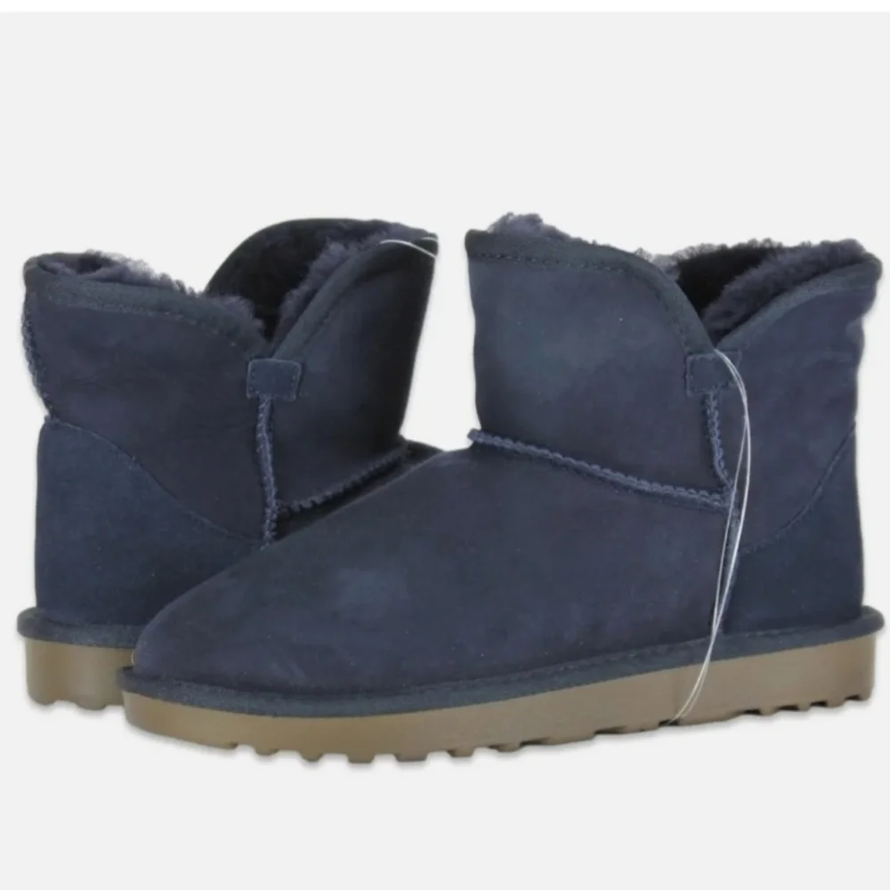 New Women's Sizes Shearling Scalloped Edge Boots Navy - Picture 2 of 15